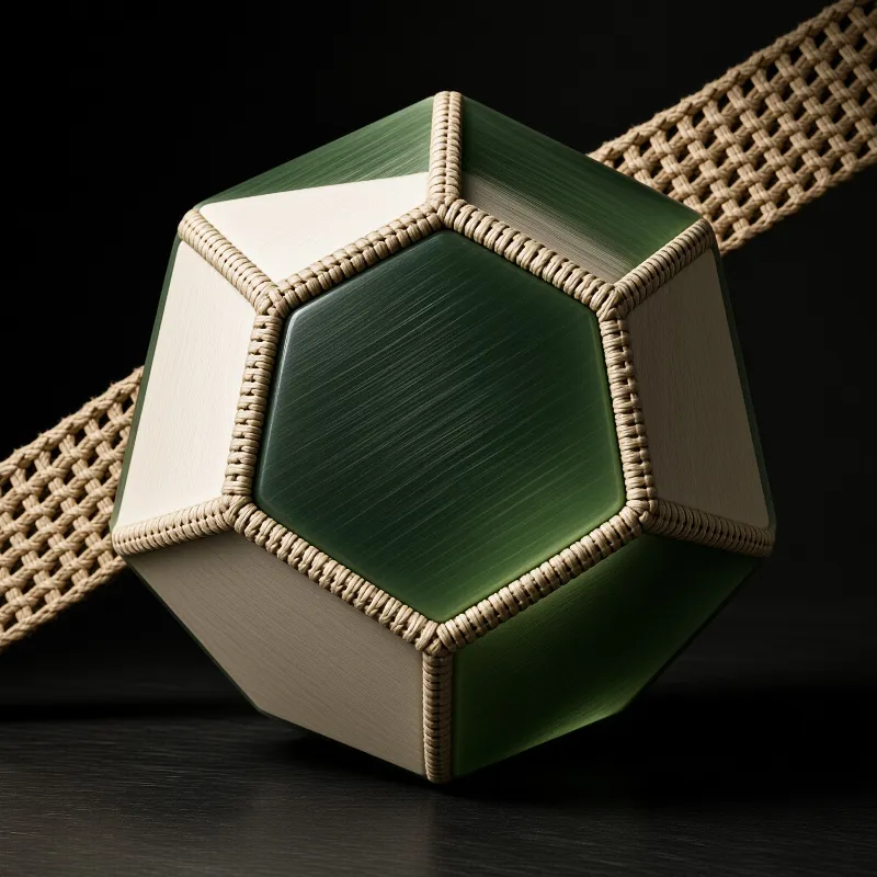 A green and cream geometric form with rope edges rests against a dark background while connected to a broad woven strap.