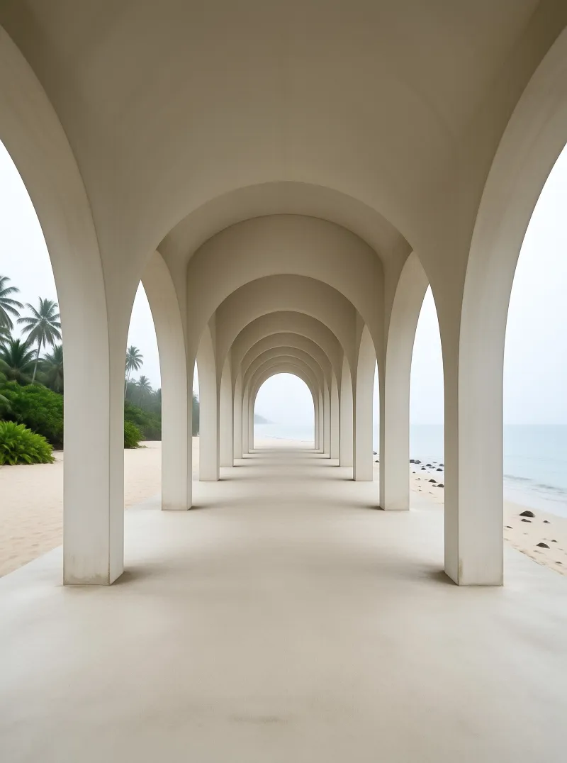 White arched walkway running along a sandy shore with palm trees on the left and ocean visible through the structure.