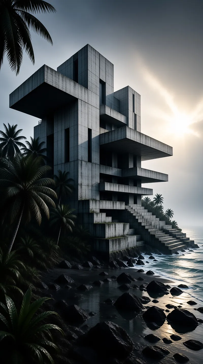 A massive stepped concrete building stands on a rocky shoreline with palm trees silhouetted against bright sunlight.