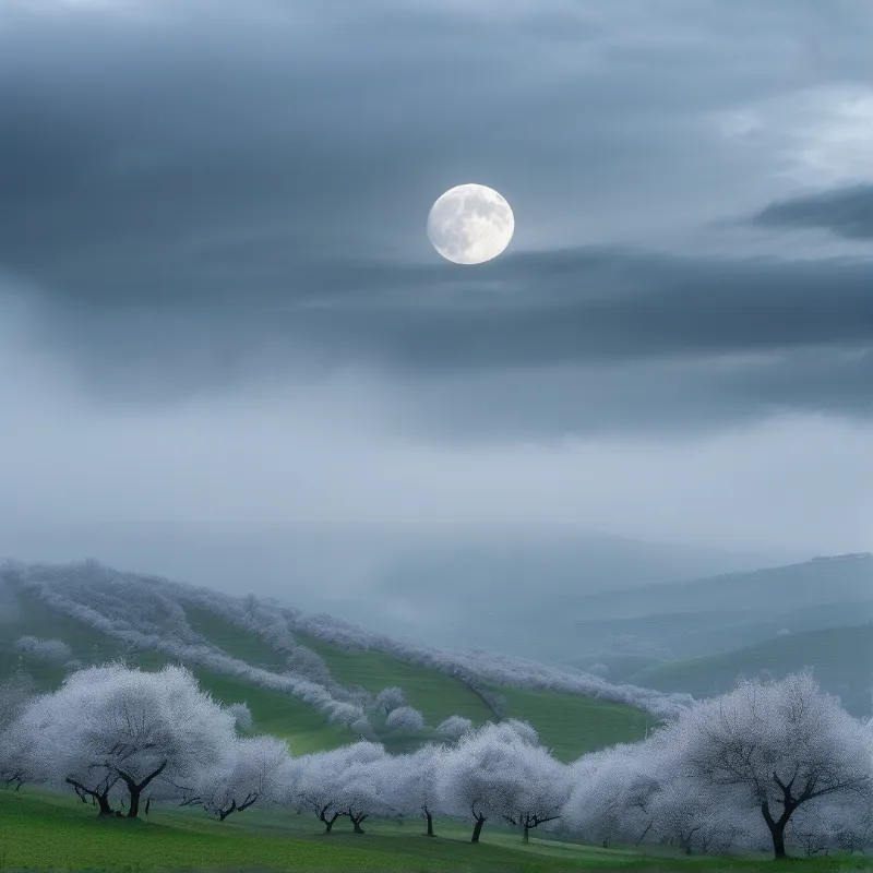 A bright full moon shines above rolling green hills covered in white blossoms and foggy mist during a cloudy night.