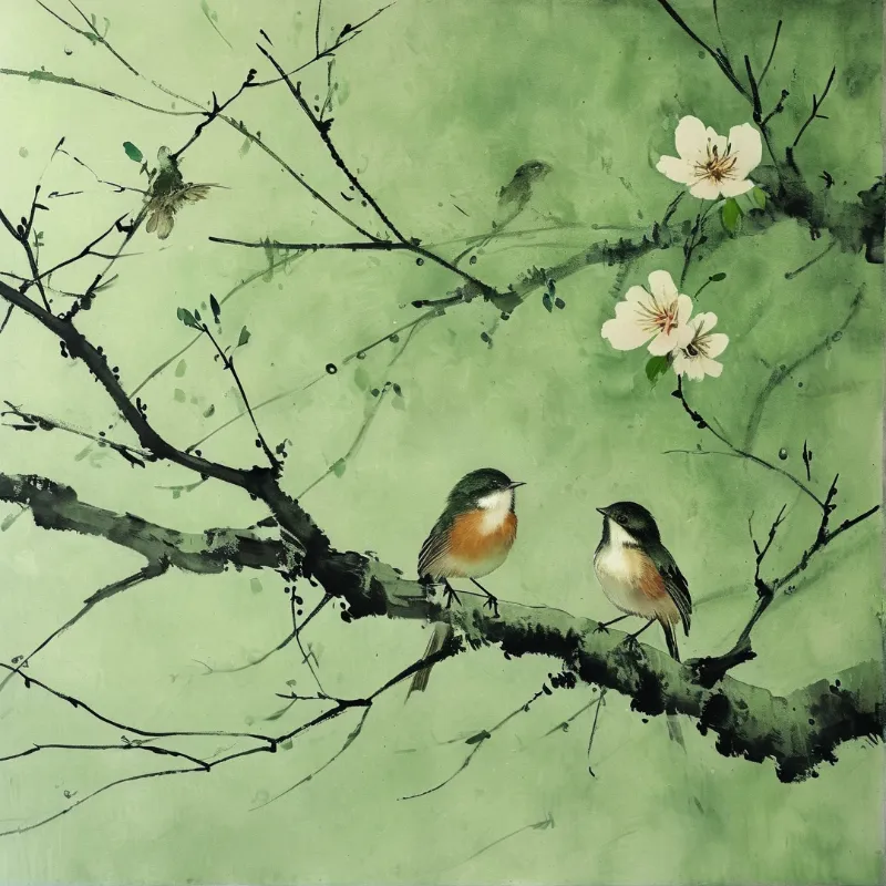Two small birds rest on a dark branch surrounded by soft green washes and white flowers.