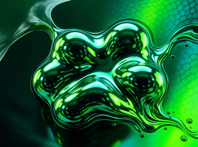 A glossy molten chrome form glows in vivid emerald and teal, pooling over a faint hexagonal texture with scattered droplets.