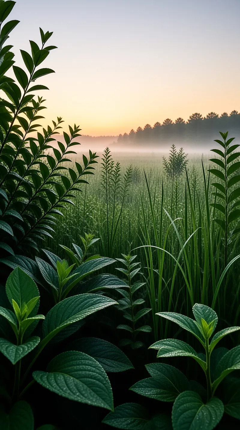 Misty Green Field at Sunrise
