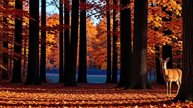 A young deer pauses among tall dark trunks as low sun sets the maple canopy glowing orange above leaf litter.