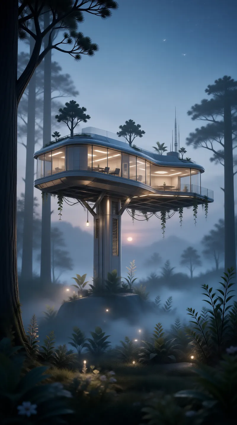 Futuristic Treehouse in Misty Forest