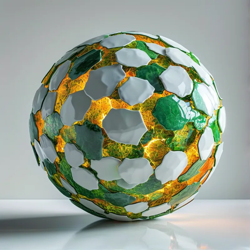 A spherical object covered in jagged shards of green, gold, and white rests on a reflective white surface.
