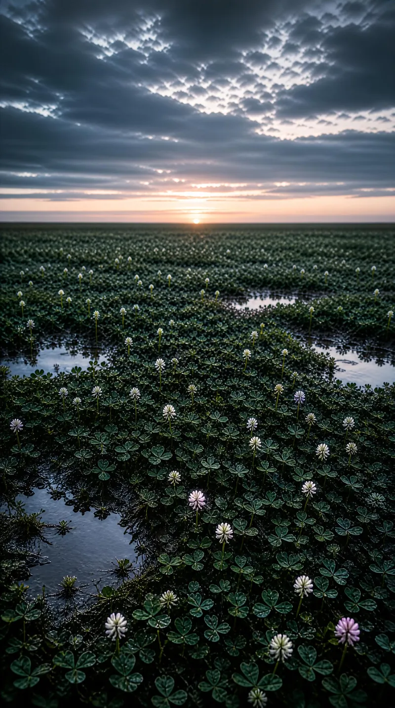 A vast meadow of white clover flowers with small puddles reflecting the dramatic sunset sky, where the sun sets low on the horizon