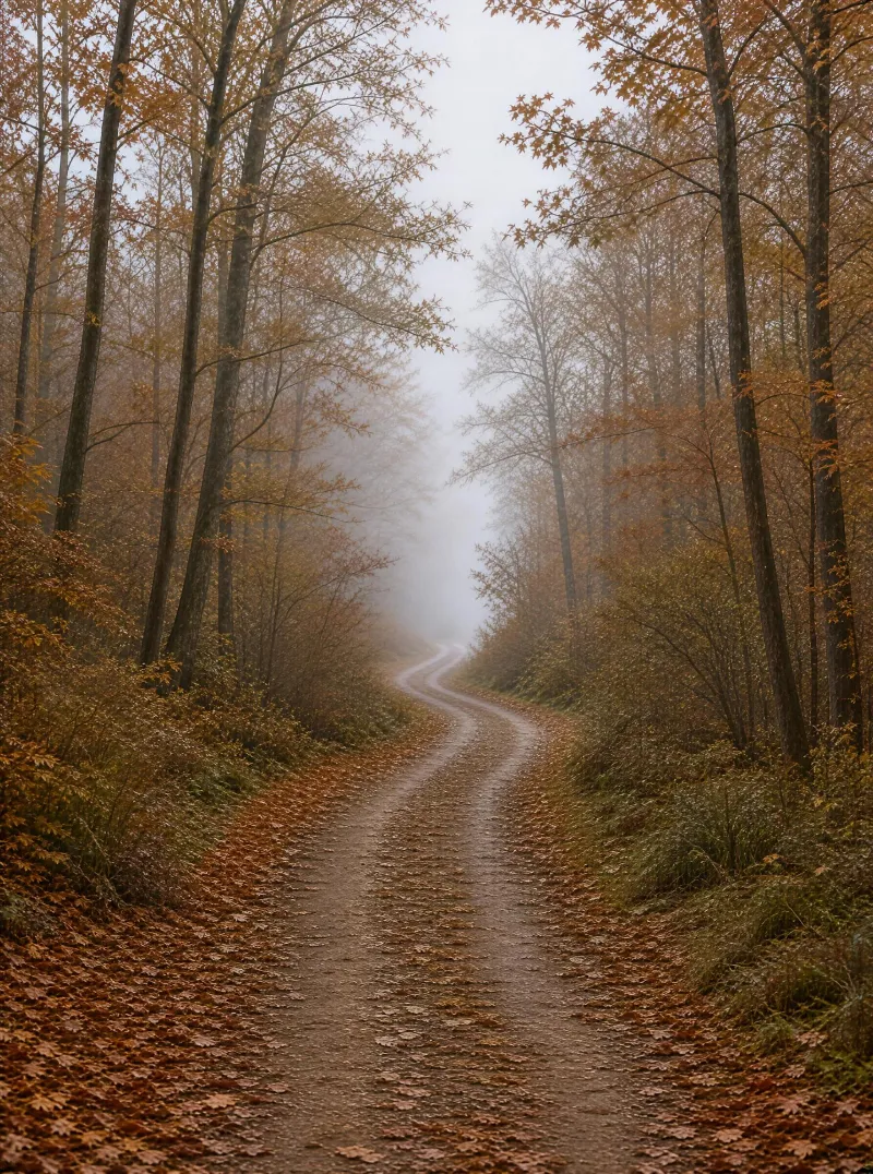 Autumn Forest Path in Fog