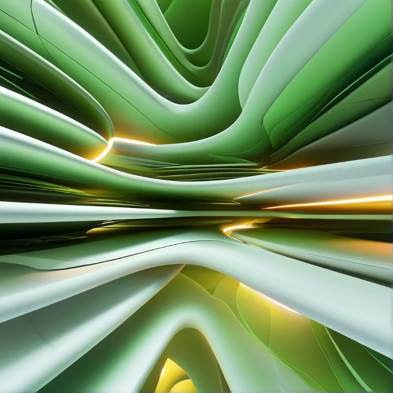 Curvilinear green and white structures undulate across the frame while sharp golden light beams cut through the center.