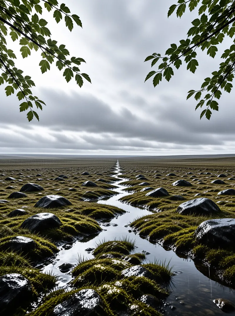 Mossy Stream Under Clouds