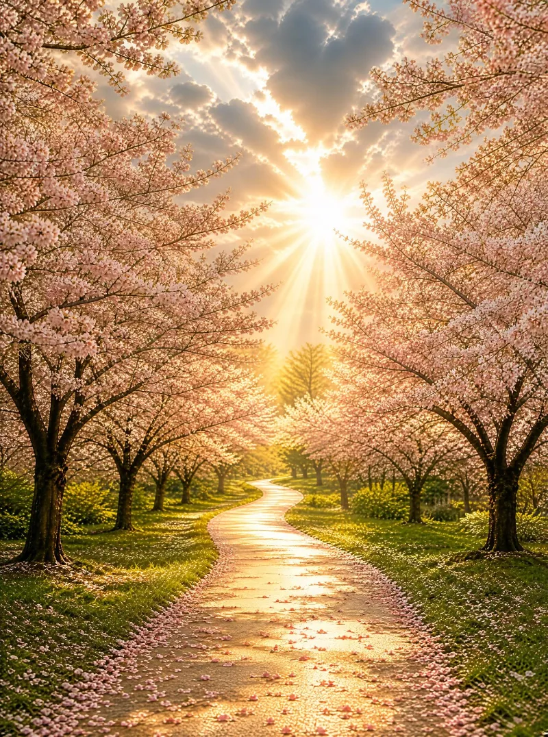 Sunlit Cherry Blossom Path