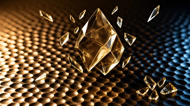 A faceted golden gemstone floats above a dimpled metal surface shifting from bronze to blue, ringed by small shards.