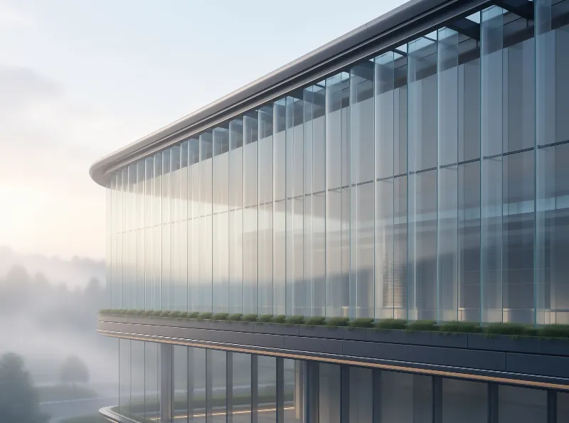 Curved Glass Facade in Morning Mist