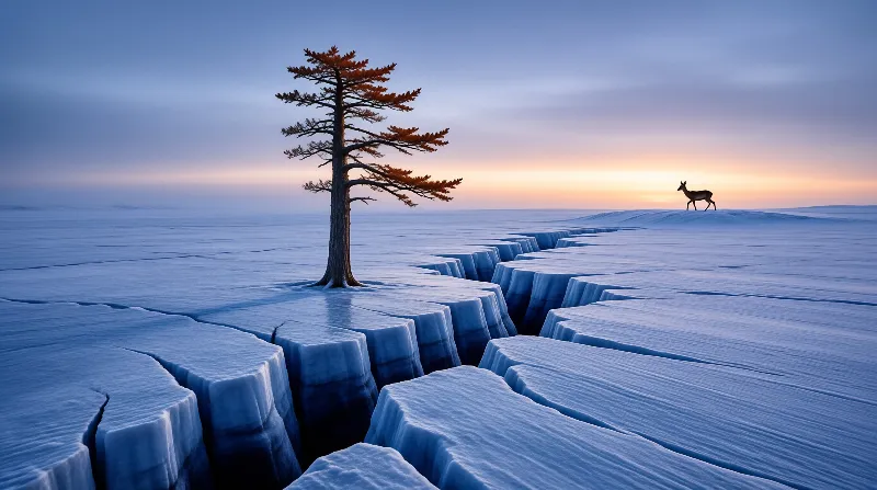 A solitary tree stands on fractured blue ice while a deer walks along the horizon under a gradient twilight sky.