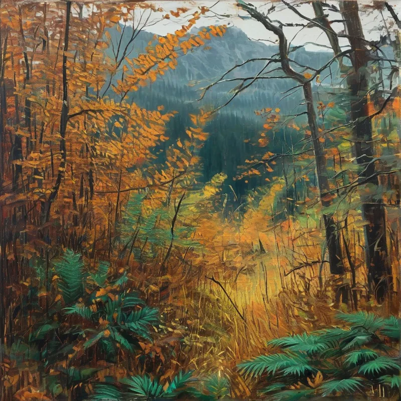 A painted landscape showing dense woodland with orange autumn foliage and green ferns against distant blue mountains.