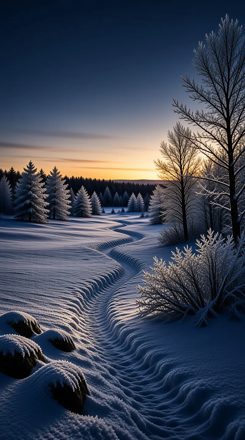 A rippled snow drift cuts a curving line through a winter field toward a sunset glow behind frosted evergreens.