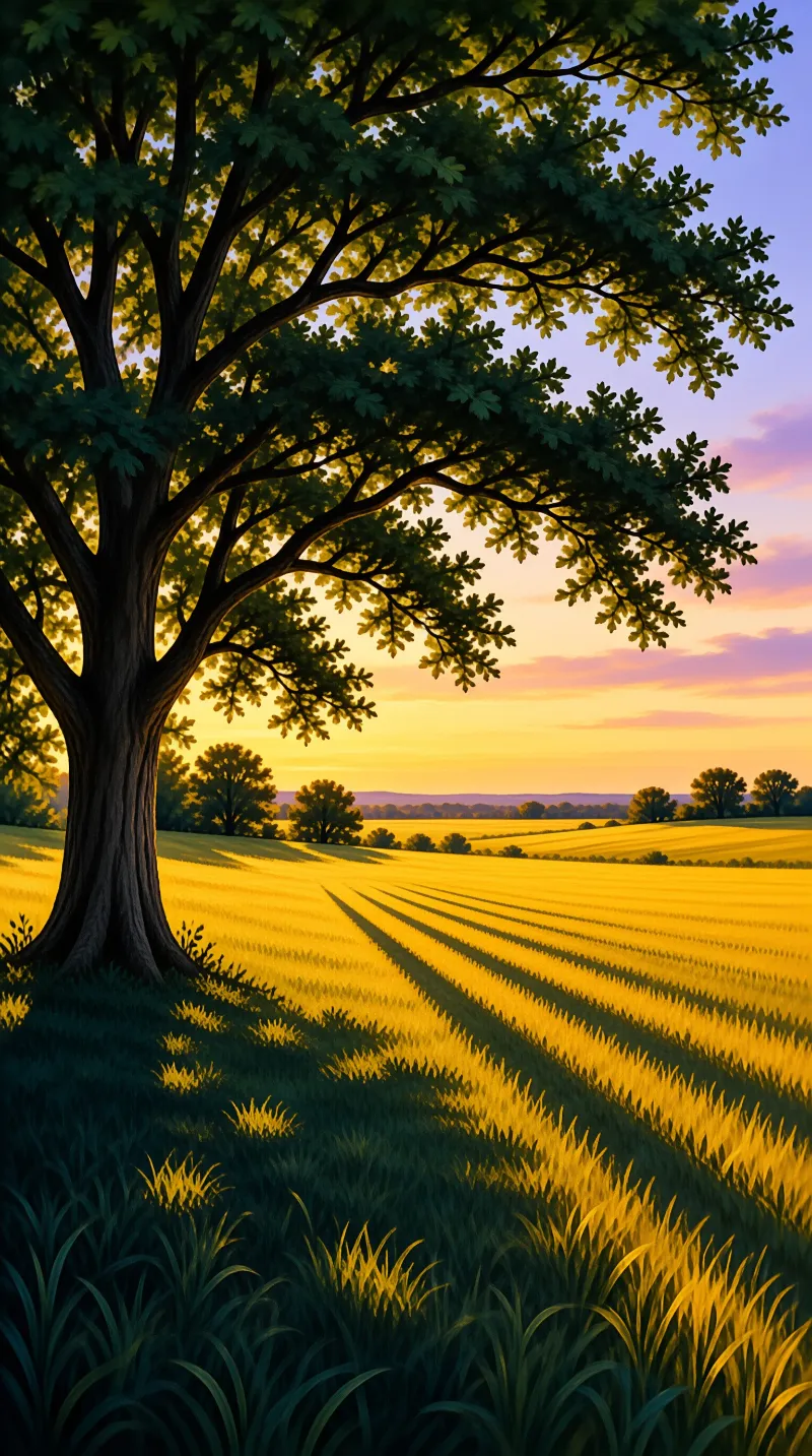 A large tree stands on the left side of a sprawling yellow wheat field illuminated by warm sunset light.