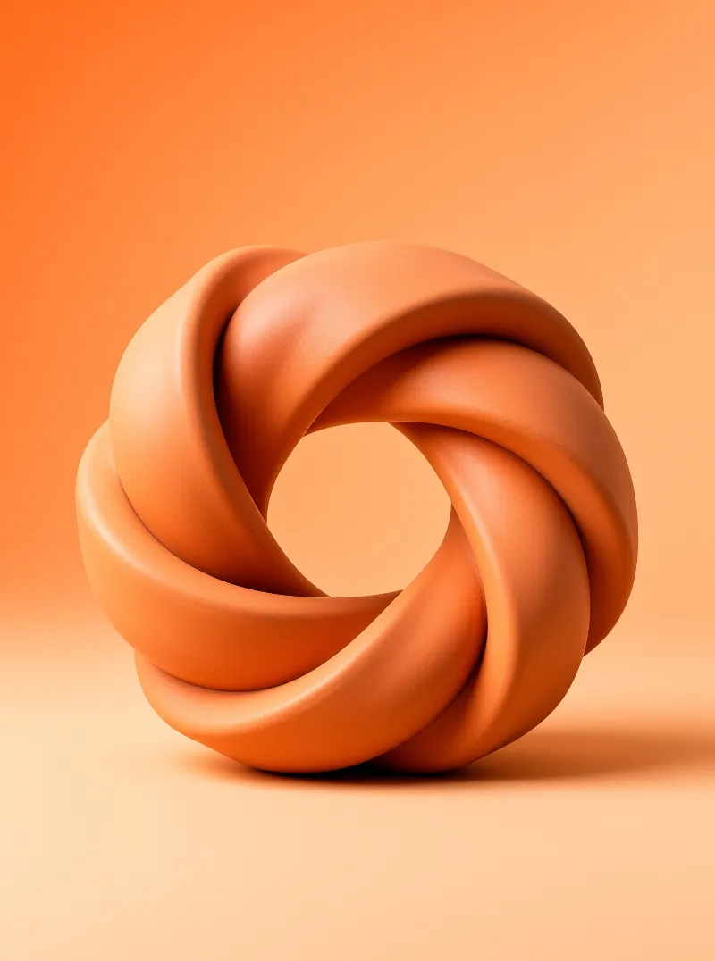A smooth twisted orange ring rests on a surface with a gradient background, casting a soft shadow.