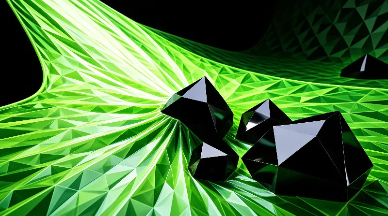 Glossy black geometric polyhedrons rest on a glowing green faceted surface that stretches into a dark background.