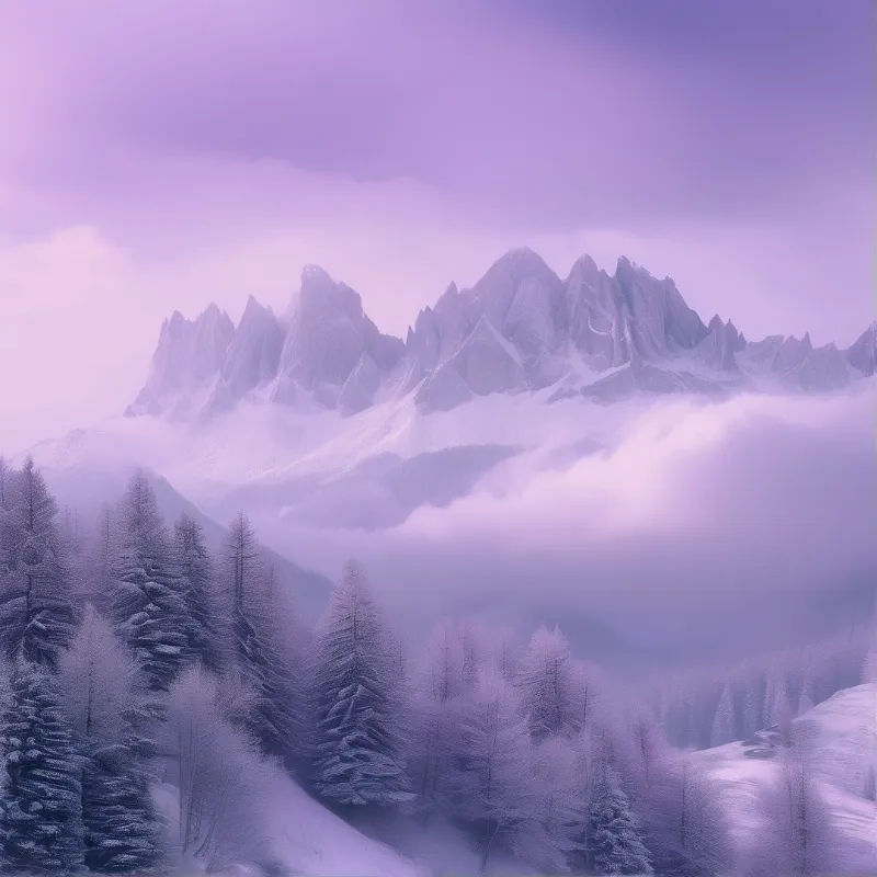 Snowy Peaks in Purple Mist