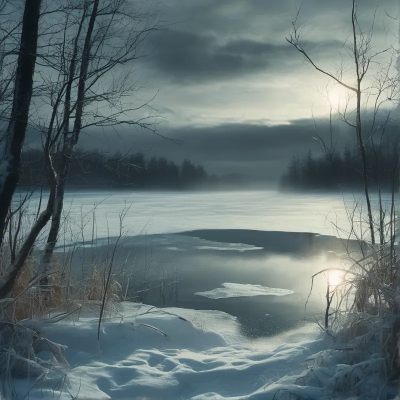 Frozen lake patches reflect the low sun amidst snow-covered banks and bare winter trees.