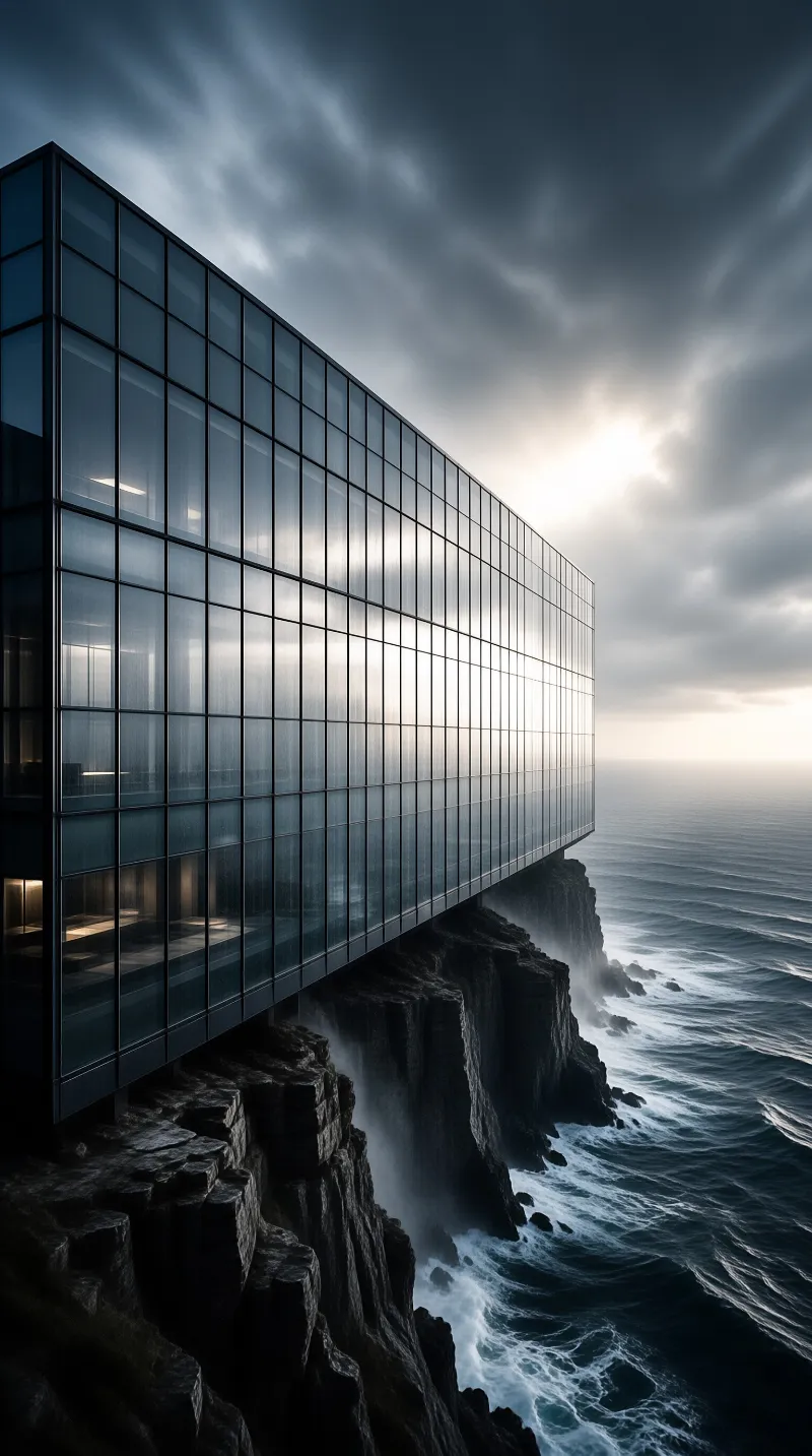 A sleek rectangular tower with a grid of windows stands dramatically on the edge of a dark jagged cliff while sunlight breaks through heavy clouds above the ocean.
