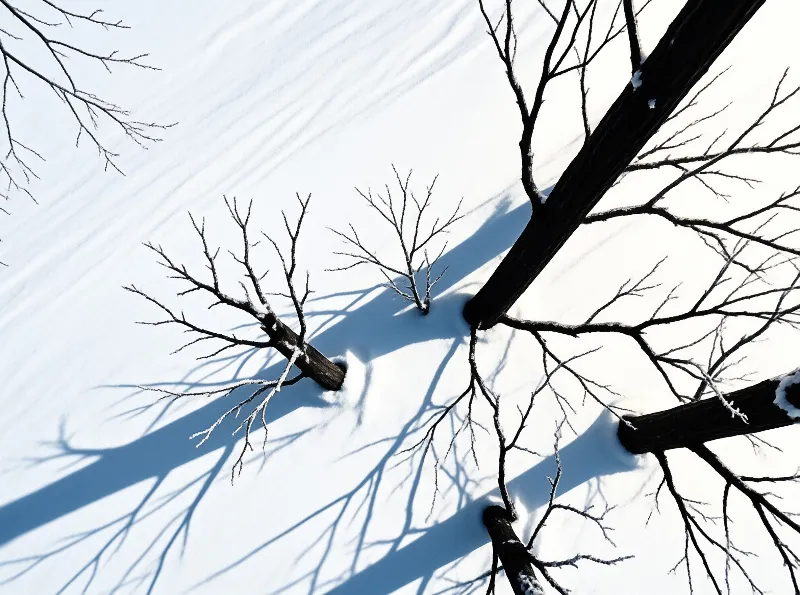 Dark branches emerge from white snow, casting sharp shadows in bright winter sunlight.