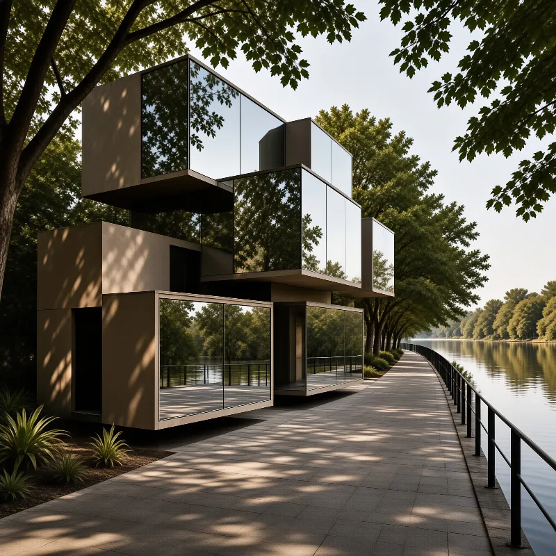 Interlocking mirrored volumes float above a paved waterfront promenade shaded by tall green trees