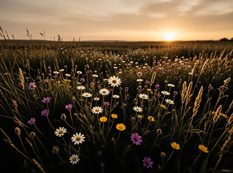 White yellow and purple wildflowers bloom across a wide grassy prairie under the warm amber glow of a low setting sun.