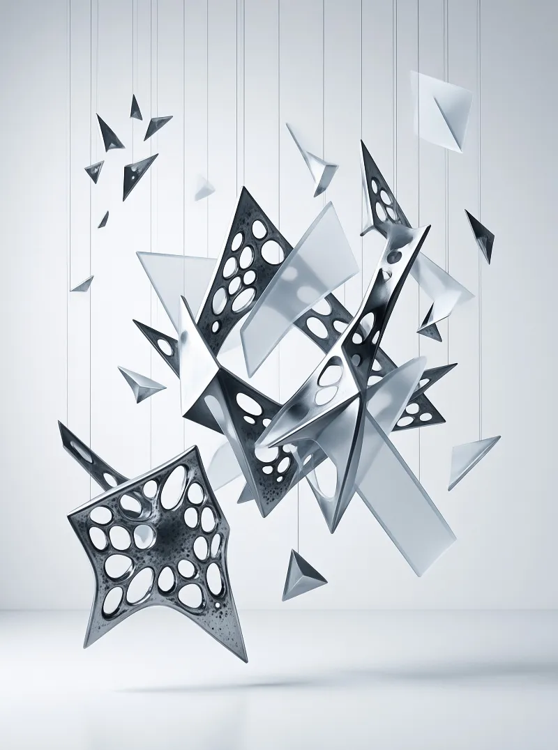 Shiny geometric metal fragments and hollow star shapes float against a white background with faint vertical lines.