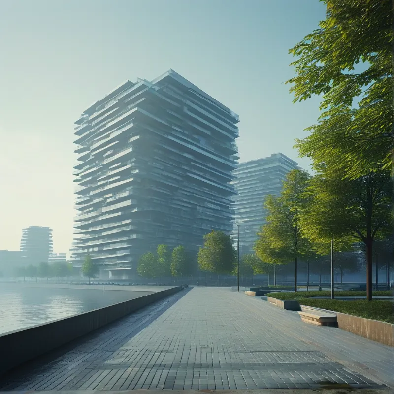 A tall building with stacked levels stands beside calm water and a paved walkway lined with green trees in soft mist.