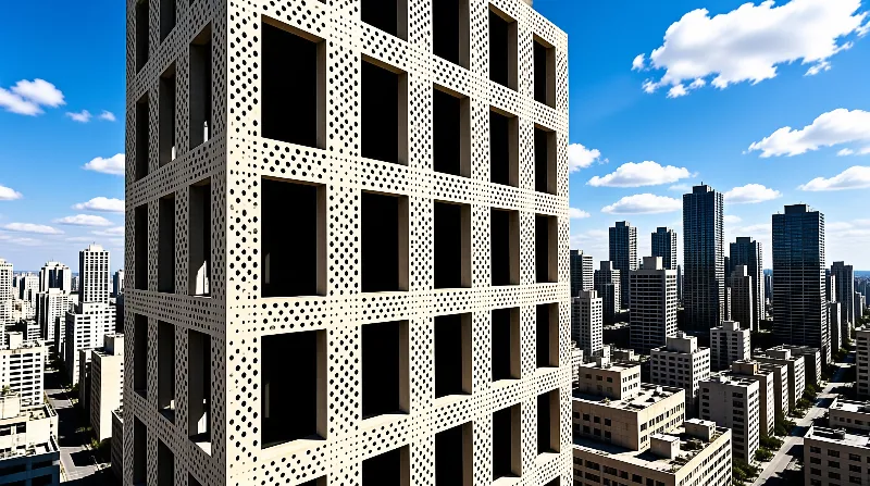 A white perforated concrete building with dark windows stands before a dense city of skyscrapers under a bright blue sky.