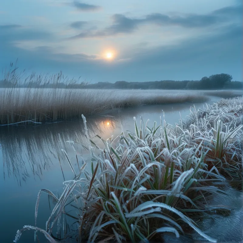 Frozen reeds stand beside calm water while a low sun rises through clouds to illuminate a misty wetland landscape.