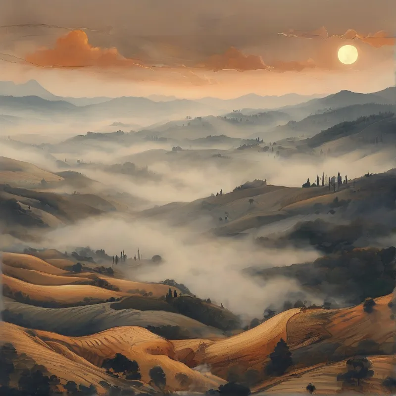 Golden hillside fields roll down into a fog-filled valley beneath a bright sun in a warm orange sky.
