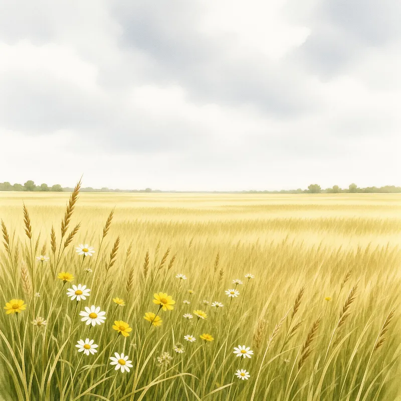 A wide view of a yellow grain crop with white and yellow blooms in the front and a cloudy sky above the horizon.