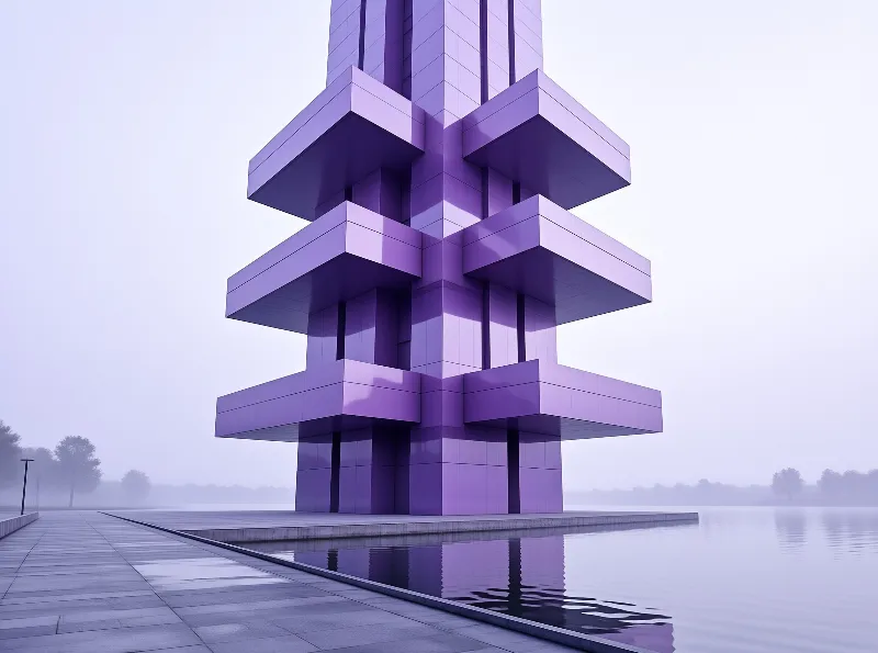 A tall violet tower built of stacked cross shaped blocks rises from a calm reflecting pool on a foggy pale morning.