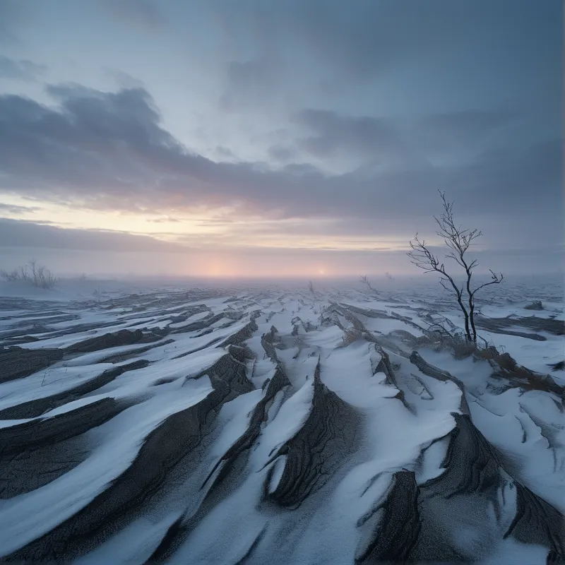 Wind-carved ridges of snow lead to a hazy pink sunrise across a frozen treeless plain.