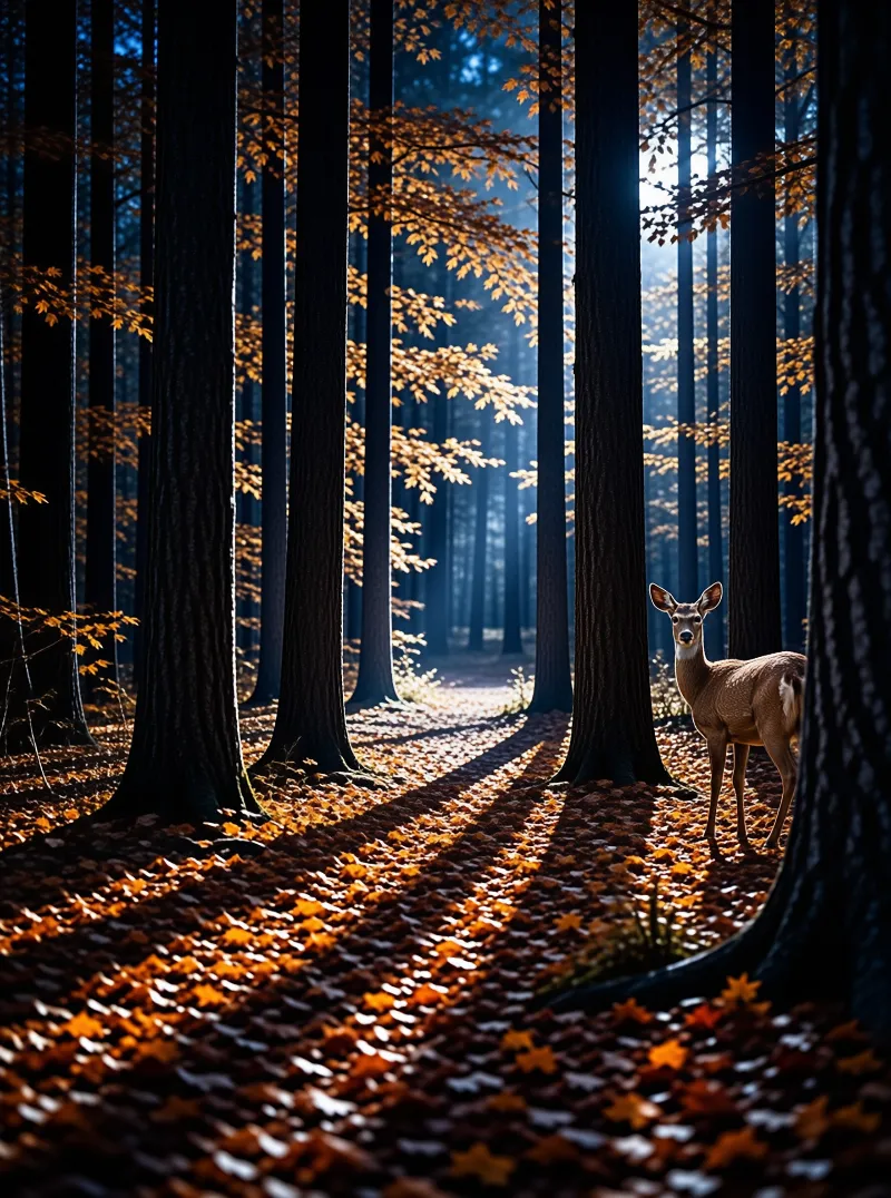 A wild deer stands on a leaf-covered forest floor illuminated by beams of sunlight filtering through the trees.