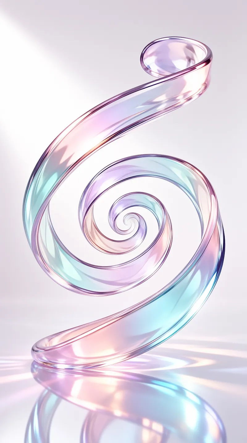 A twisting iridescent tube curves into a loop against a bright white background with subtle reflections below.