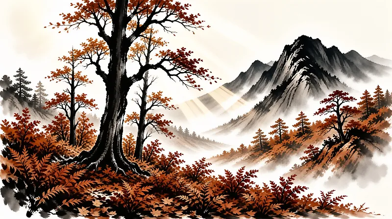 Dark trees with orange leaves stand in a valley where shafts of sunlight cut through the misty mountains.