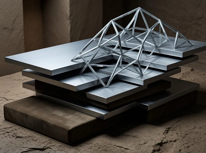 A translucent wireframe lattice sits upon layered metal sheets within a shadowy concrete interior space.