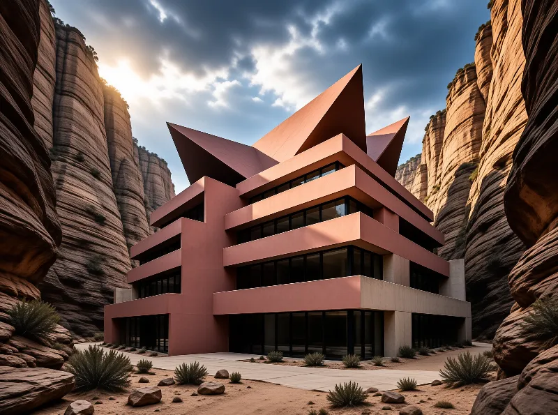 A reddish building with pointed roof features stands between tall striated rock cliffs under a cloudy sky.