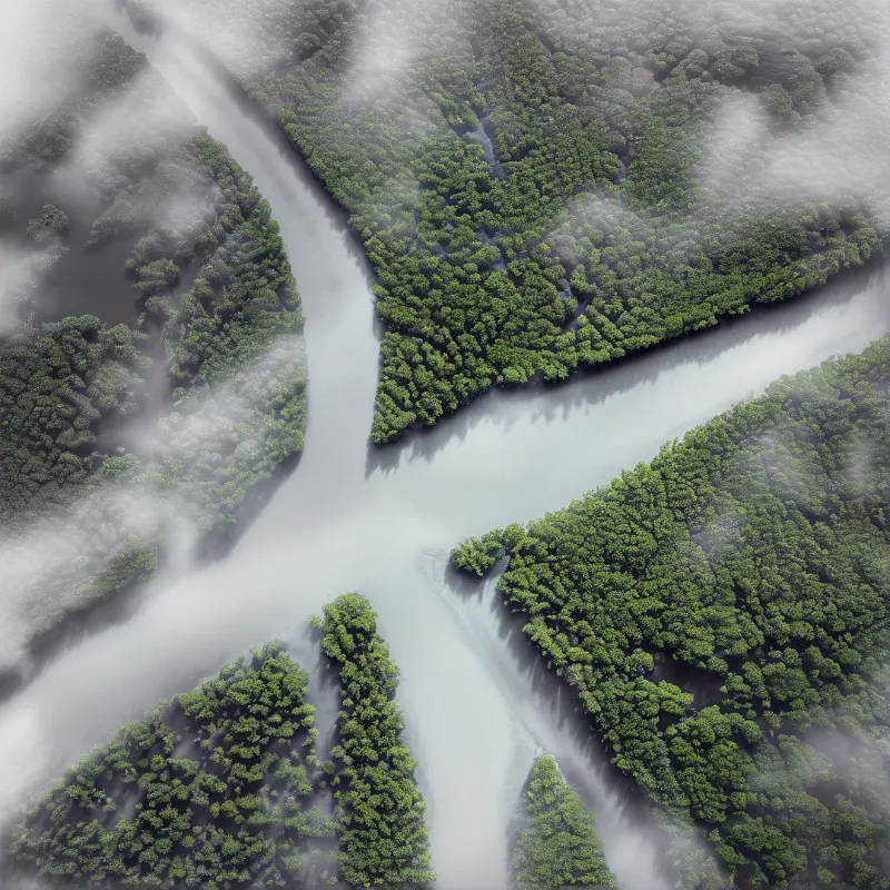 Aerial view of a pale blue waterway snaking between dense green woodlands shrouded in low hanging clouds