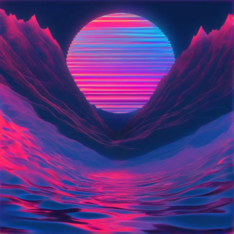 A large gradient circle hangs between purple peaks while colorful waves ripple in the foreground.