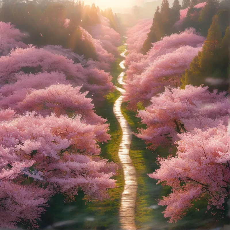 A meandering river path curves between rows of blooming pink cherry trees, illuminated by soft warm dawn sunlight filtering through distant trees.