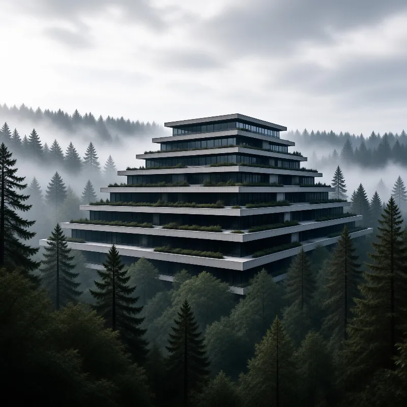 A terraced modern building with glass bands and planted roof gardens climbs in steps amid mist and dense evergreen trees.