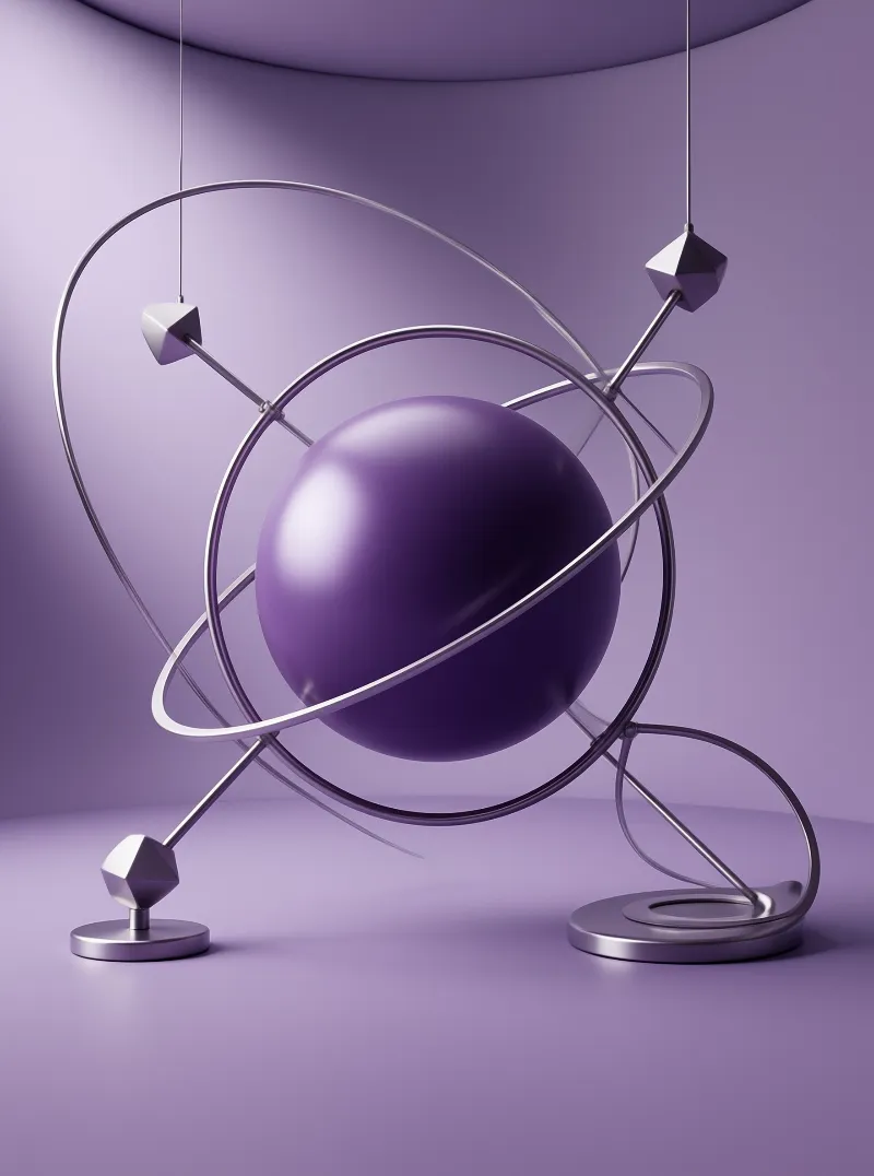 Digital render shows a glossy purple sphere centered within silver rings and geometric shapes against a purple background.