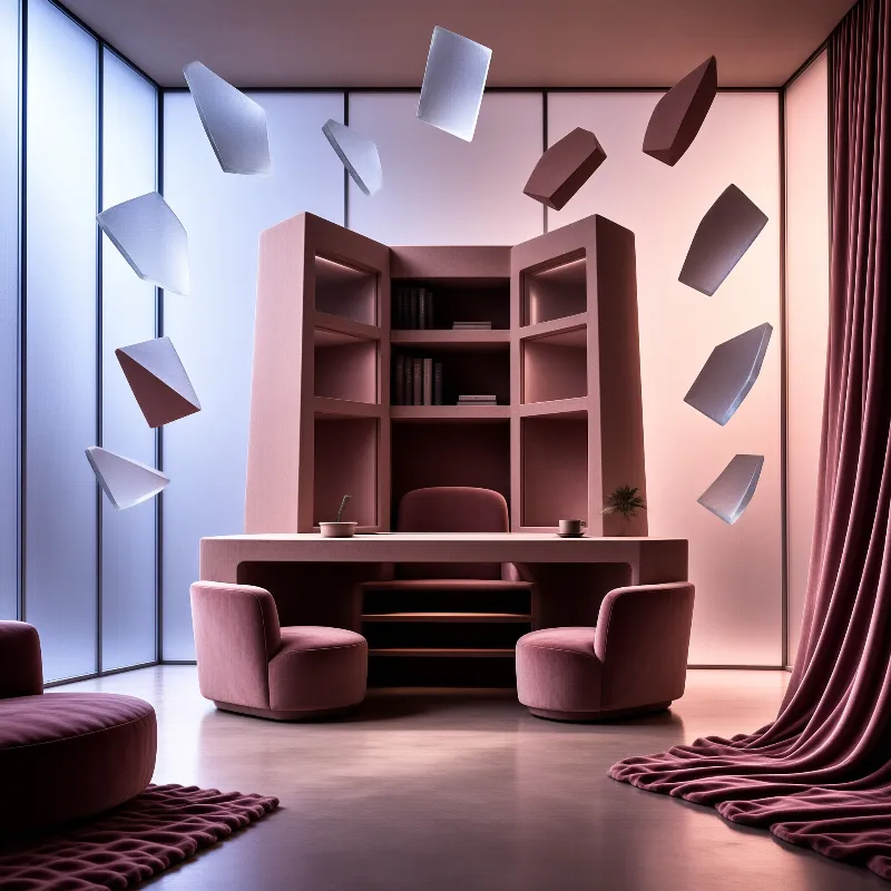 A wooden study desk sits in a room filled with floating geometric shapes and bathed in soft pink and blue ambient light.
