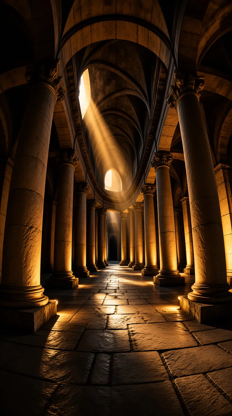 Massive stone pillars line a long dark corridor where warm sunlight streams through high windows onto the floor.