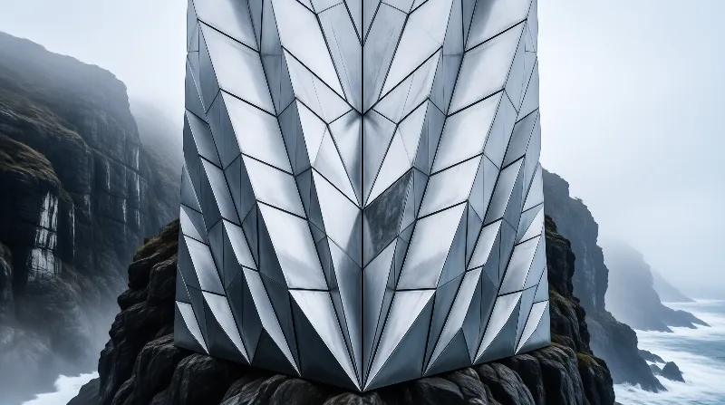 A tall faceted metal structure stands on dark rocks beside a misty ocean and steep cliffs under overcast gray light.